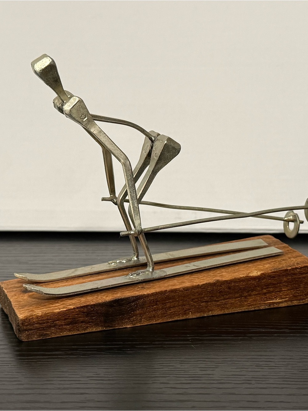 Vintage Nail Art Skier Figurine Made from Welded Metal on a Wood Block